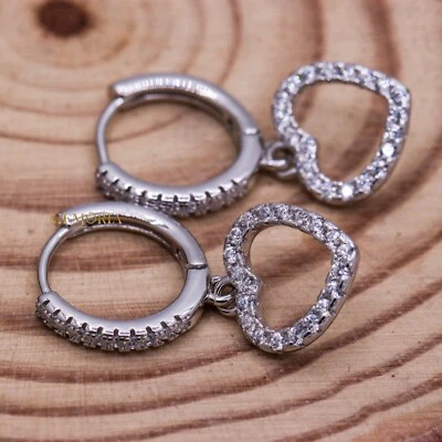 Cuore Creato IN Laboratorio Zirconia Cubica Gemma 925 Argento Drop Orecchino Per - Immagine 1 di 4