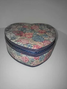 Vintage Handmade Wood Heart Shaped SM Sewing Box With Floral Fabric Blue Liner - Picture 1 of 12