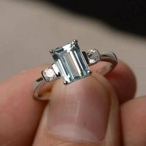 3Ct Emerald Cut Aquamarine Diamond 3-Stone Engagement Ring 14k White Gold Over - Picture 1 of 6