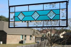 Teal and Green Beveles Stained Glass Window Panel,≈ 19 1/2" X 7 1/2"