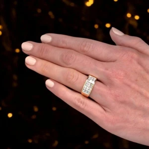 Mens 14K Yellow Gold 8MM Lab Created Wedding Ring 2 Ct Princess Cut Diamond Band - Picture 1 of 11