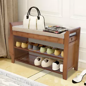 Bamboo Shoe Rack 2 Tier Bench w/ Removable Cushion Entryway Organizer Shelf Home - Picture 1 of 24