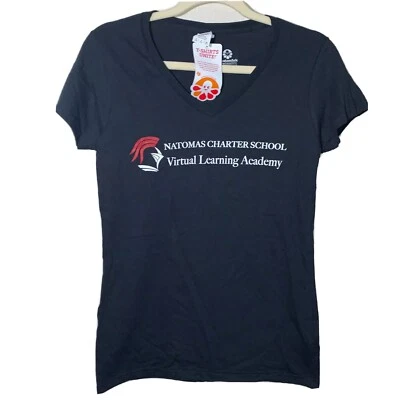 Women’s Custom Ink Black T-Shirt Graphic Virtual Learning Academy V-Neck Small - Image 1 of 2