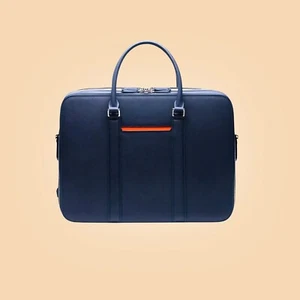 Classy Blue Leather Double-Zip Laptop Briefcase Bag - Picture 1 of 6