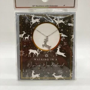 Happy Holidays Card Pave Rhinestone Reindeer 18" Necklace Silver Tone Christmas - Picture 1 of 6