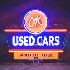 24X24" Chevrolet Chevy Dealership OK Used Cars Garage Real Glass Neon Sign Light