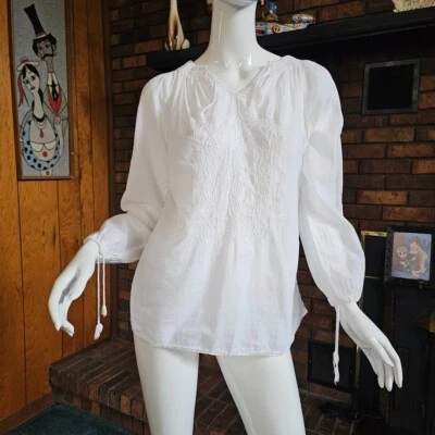 Vtg 70s California Dream Gauzy Cotton White Woodstock Hippie Poet Blouse Top OS - Image 1 of 4