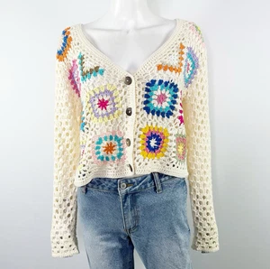 Debut Colorful Crochet Granny Square Sweater Cardigan Size M Boho Hippie - Picture 1 of 9