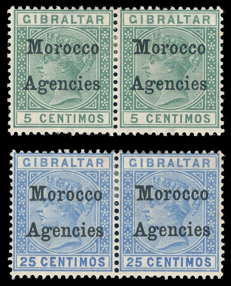 Marruecos Agencias 1899 QV 5c y 25c par AMPLIO TOP A 'M' var como nuevo. SG 9b, 12b. Foto 1 de 1
