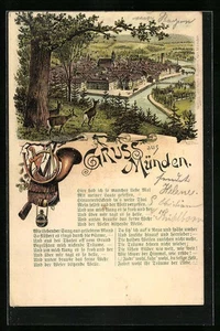 Lithographie Münden, Ortsansicht aus der Ferne mit neugierigem Rehwild 1902  - Picture 1 of 2