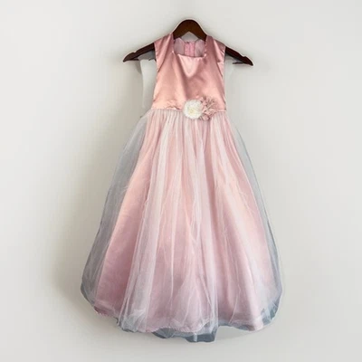女孩雪纺薄纱粉色连衣裙 6 长无袖花式缎面复活节婚礼阅读 — 第 1/4 张图片