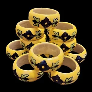 Pier 1 Ceramic Floral Napkin Ring Holders Blue Green Yellow India Set of 11 - Picture 1 of 17