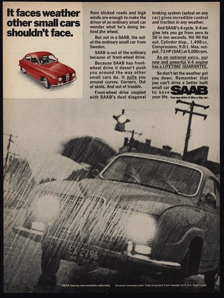1968 SAAB Red Coupe - Faces Weather Other Small Cars Wont Face - VINTAGE AD - Image 1 of 1
