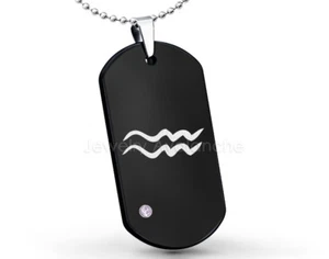 Aquarius Zodiac Sign Dog Tag Tungsten Pendant w/ 0.07ct Amethyst Gemstone - Picture 1 of 27