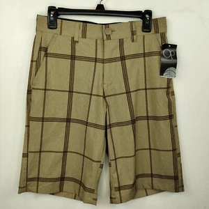 Pantaloncini corti elasticizzati 4 vie OP marrone beige a quadri taglia 28 cuciture interne 12" - Foto 1 di 5