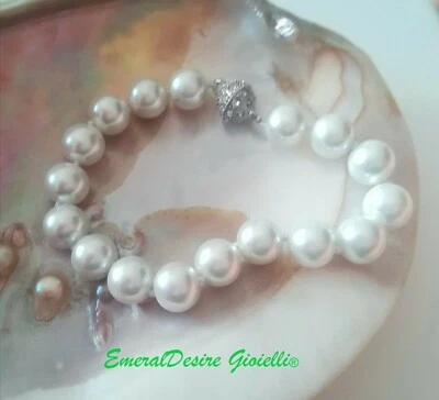 BRACCIALE PERLE SOUTH SEA AUSTRALIANE BIANCHE 10MM ANNODATO CHIUSURA CON ZIRCONI - Immagine 1 di 4