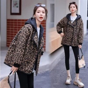 Womens Fashion Winter Hood Long Sleeve Loose Warm leopard Cotton Padded Coats - Picture 1 of 12