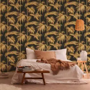 Lola Paris Palm Leaf AS Creation Wallpaper Black/Gold 36919-5 Metallic Exotic - Picture 1 of 6