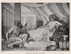 HERCULES AT THE FEET OF OMPHALE - Greek Mythology Scene 1894 Antique Engraving - Picture 1 of 2
