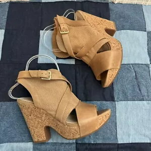 NAYA MAPLE $169 7.5 US PERFORATED NUBUCK LEATHER CORK PLATFORM SANDALS 4"+ HEELS - Picture 1 of 5