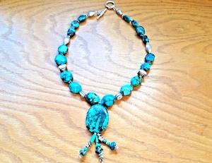 Silver & turquoise unmarked dangle statement necklace. Toggle closure. 16” long - Picture 1 of 4