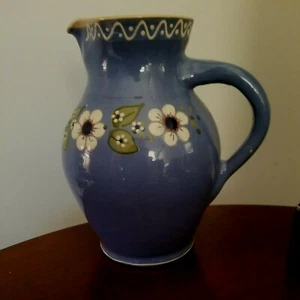 VINTAGE GERMANY TOPFEREI ART POTTERY HAND PAINTED BLUE FLORAL PITCHER - Picture 1 of 6