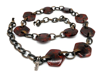 Vtg YSL Bakelite Hex Marbled Red/Burgundy Swirl Brass Connector Belt Or Necklace - Image 1 of 4