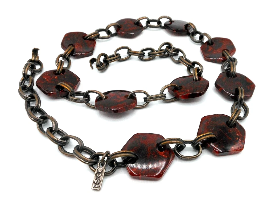 Vtg YSL Bakelite Hex Marbled Red/Burgundy Swirl Brass Connector Belt Or Necklace - Image 1 of 4
