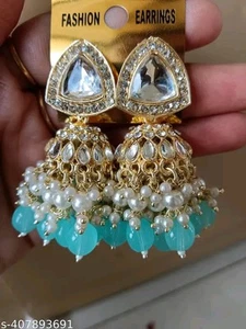 Traditional Jhumka Style Kundan Earring Indian Wedding Partywear Earring Set - Picture 1 of 4