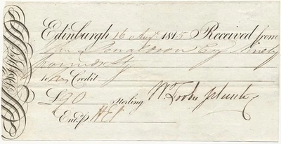 SCOTLAND (EDINBURGH) bank check 90 Pounds 16.8.1815 - Image 1 of 4