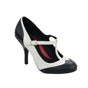 T.U.K. Pump A8538L Schwarz Cream Wingtip T-Strap Bombshell Heel - Picture 1 of 2