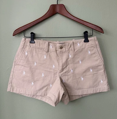 Polo deportivo Ralph Lauren beige tostado pantalones cortos con caballos bordados blancos, talla 4 Foto 1 de 4