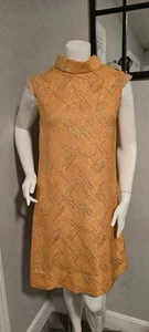 1960s Size M/L Vtg Orange Brocade Shift Silhouette Dress Mock Neck Dress  - Picture 1 of 10