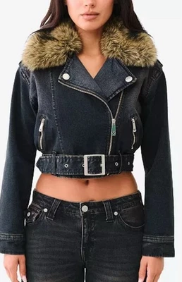 Chaqueta de motociclista de mezclilla True Religion para mujer/cuello de piel extraíble nueva con etiquetas talla S $239 Foto 1 de 4