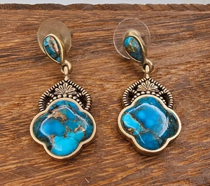 Barse Thai Gold Tone Stabilized Blue Turquoise Drop Earrings 1 7/8"L x 1/2"W - Picture 1 of 6