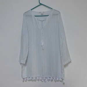 C&C California Linen Blend Lightweight Tunic Top Coverup M White Blue - Picture 1 of 8