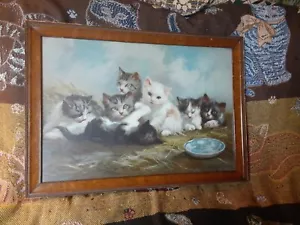 Antique Color Lithograph Print Newcomb Cats Kittens 1892 Knapp Orig. Frame RARE - Picture 1 of 16