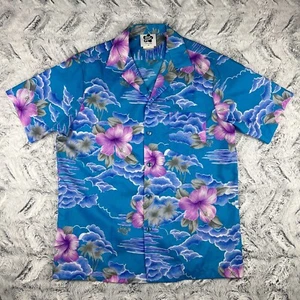 Vintage Hilo Hattie Hawaiian Shirt Mens Size Medium Button Down Floral Blue Pink - Picture 1 of 14