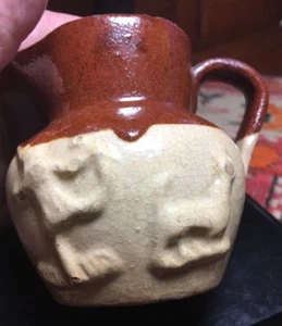 UNSIGNED ANTIQUE MINIATURE BROWN POTTERY PITCHER; DAMAGED SOUTHERN PIECE - Picture 1 of 8