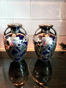 PAIR OF ANTIQUE SILVER OVER  COBALT CERAMIC VASES - Picture 1 of 10