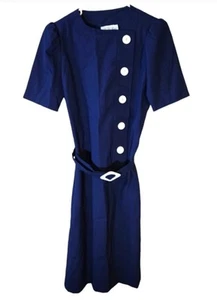 Vintage Sailor Dress Navy Blue Size 8 Leslie Fay Retro Belted - Picture 1 of 5