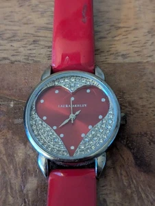 Laura Ashley Silver Tone Open Heart Watch Red Patent Band 5.5"-7" Needs Battery - Picture 1 of 5