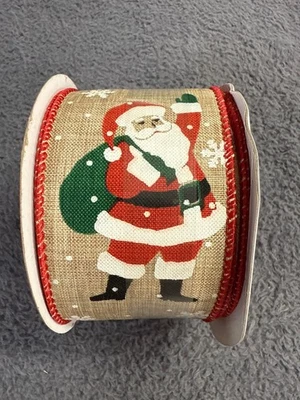 Place & Time Holiday Beige Ribbon Santa Design 2.5" X 8.33 Yards Wired Edge - Image 1 of 4