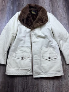Vtg Silton California Western Canvas Faux Fur Barn Coat Men Size 40 White Rugged - Picture 1 of 12