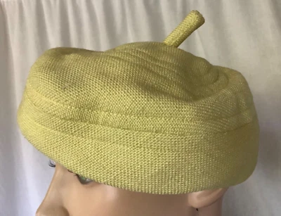 Винтажный льняной берет шляпа 60-х желтый крышка таблетка коробка желудя стержень Mod go-go психоделический - Изображение 1 из 4