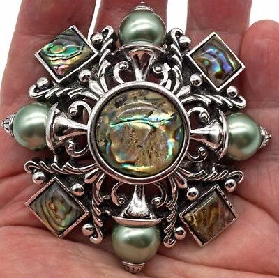 Signed Joan Rivers Abalone Mint Faux Pearl Renaissance / Maltese Brooch / Pin - Image 1 of 4