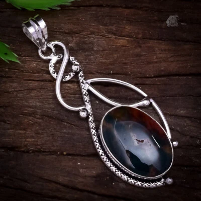 Splendido Ciondolo In Pietra Di Sangue In Argento Sterling 925 Fatto A Mano 3.1" - Immagine 1 di 3