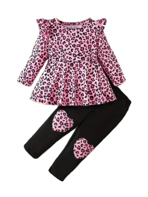 New Girls 6 Pink Leopard Hearts Ruffle Long Sleeve Leggings Pants Set Outfit - Image 1 of 2