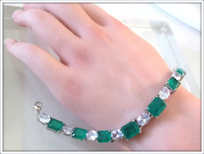 EMERALD GEMSTONE HAND CRAFT LADIES BRACELET 18K WHITE GOLD FILLED 8 INCH - Image 1 of 4
