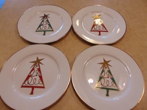 4 Pier 1 One Christmas Tree Holiday Plates (Dessert, Salad) Gold Rim, Red Green - Picture 1 of 11